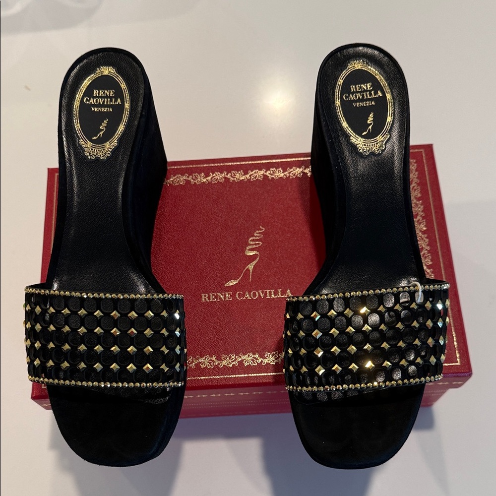 Rene Caovilla Black and Gold Wedge Sandals size 10 crystals